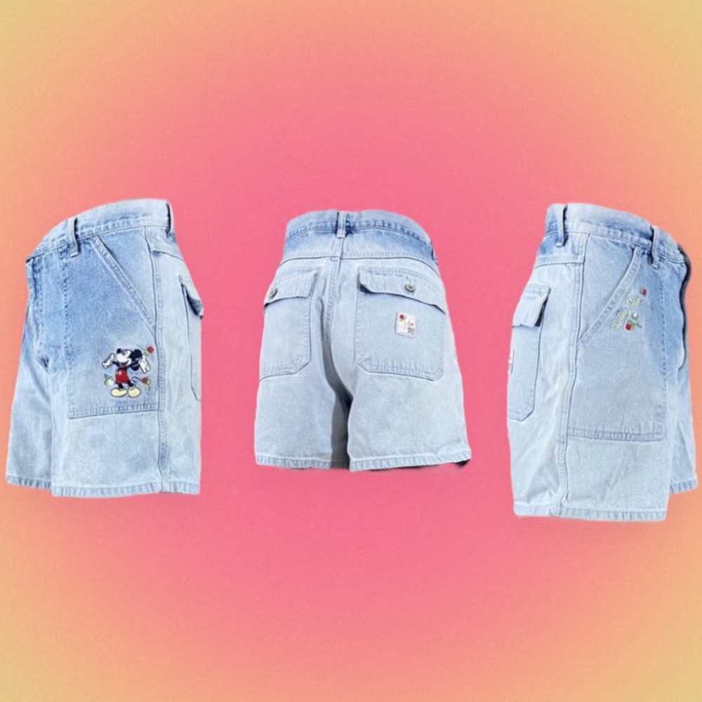 Vintage 90s Mickey Mouse Disney Light Wash Denim High Rise Mom Shorts Be… - Picture 2 of 16